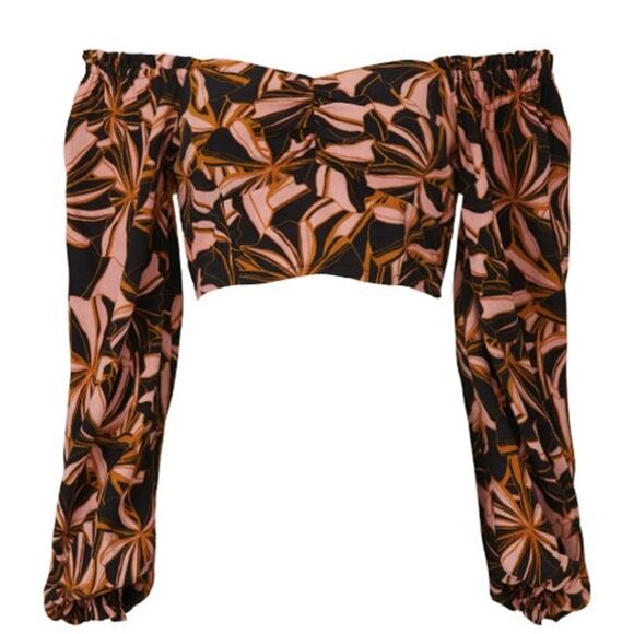 Minkpink Ziba Top XS Black Pink Floral Puff Sleeve Cropped Blouse Boho Vacay - Picture 2 of 6